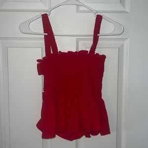 red ruffle open back blouse